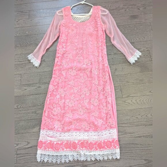 Pink Floral Indian Suit with Lace & Sheer Sleeves- XS New - Picture 2 of 7